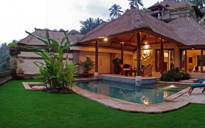 Bali Style House Design Front Yard Elegant Pool Gray Curtain White